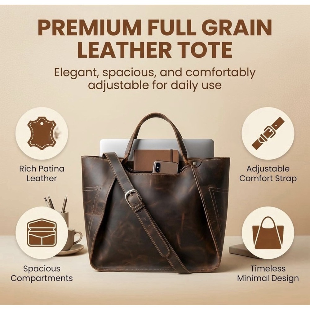 The Tannery Genuine Full Grain Leather Tote Bag for Women Dark Brown